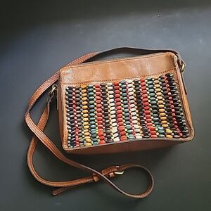 Patricia Nash Leather w/Bright Wooden Bead Front- Top Zip Crossbody Bag/Purse